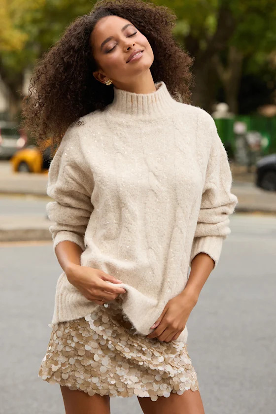 Brinsley Heathered Beige Cable Knit Sequin Turtleneck Sweater | Lulus