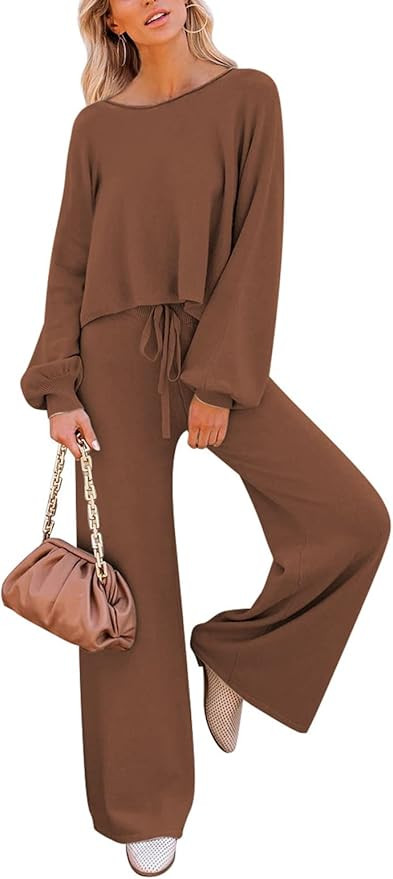 Pink Queen Women's 2 Piece Outfit Sweater Set Long Sleeve Crop Knit Top and Wide Leg Long Pants S... | Amazon (US)