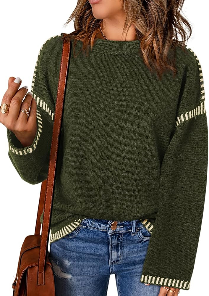 Dokotoo Sweaters for Women Fashion Solid Crewneck Loose Fit Long Sleeve Contrast Cable Knit Pullo... | Amazon (US)