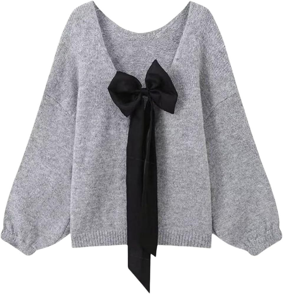 ZAFUL Women's Crew Neck Bowknot Decor Cable Knit Drop Shoulder Long Sleeve Casual Pullover Sweate... | Amazon (US)