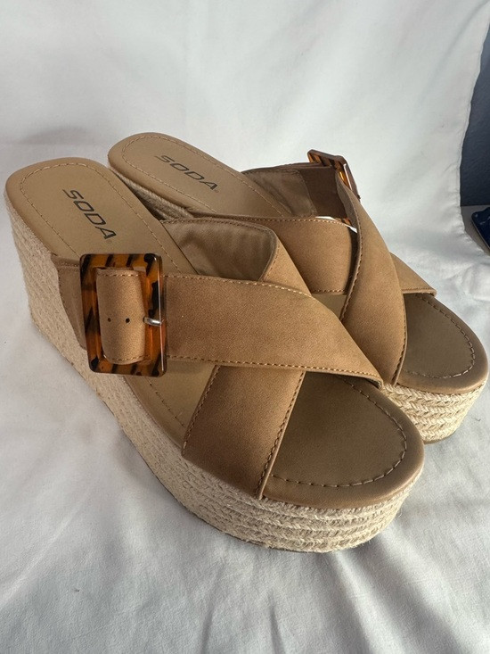 Soda Tan Wedge Sandals Women 10 Platform Slip On Buckle Strap Summer | Poshmark