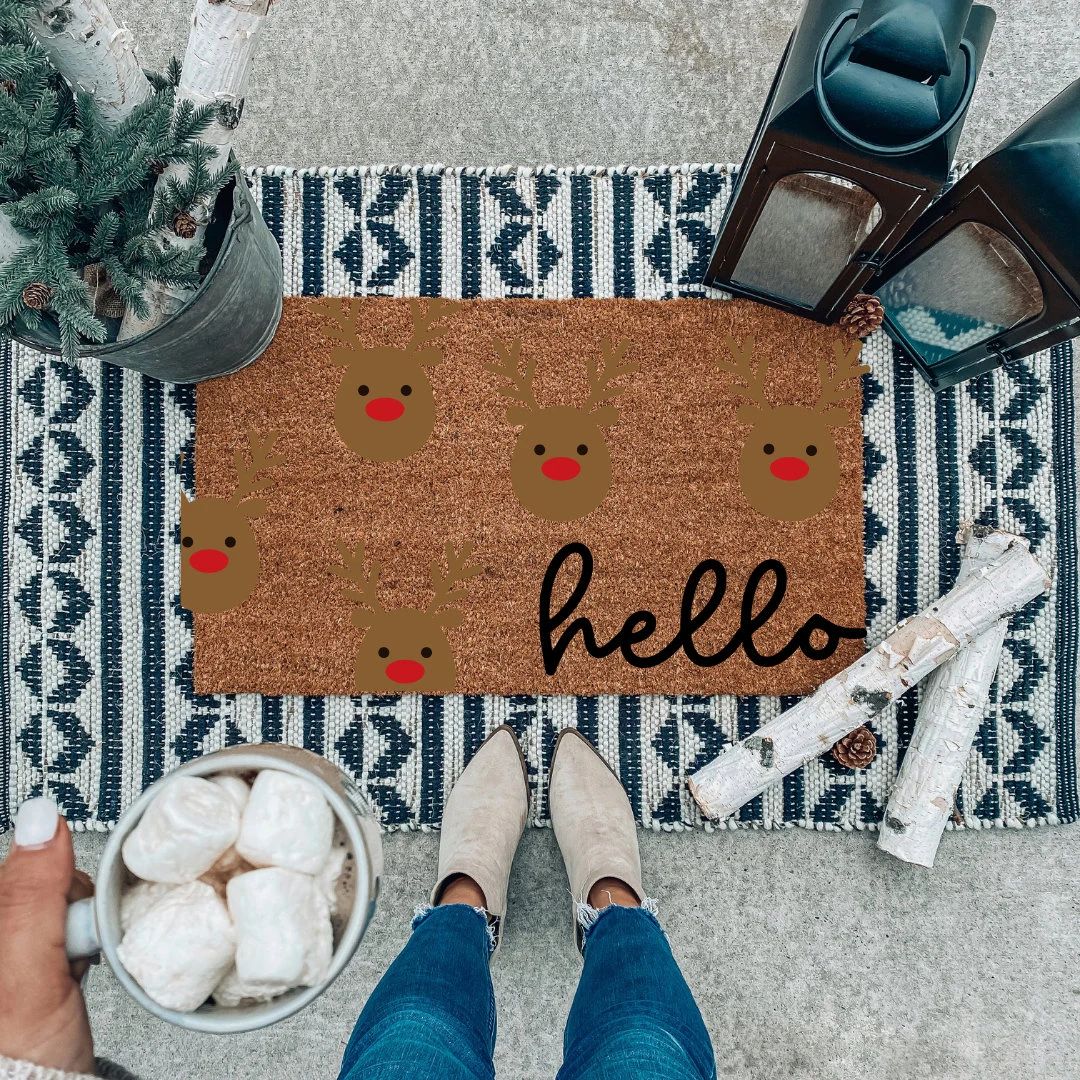 Reindeer Doormat, Hello Doormat, Christmas Doormat - Cute Doormat, Holiday Doormats, Christmas De... | Etsy (US)