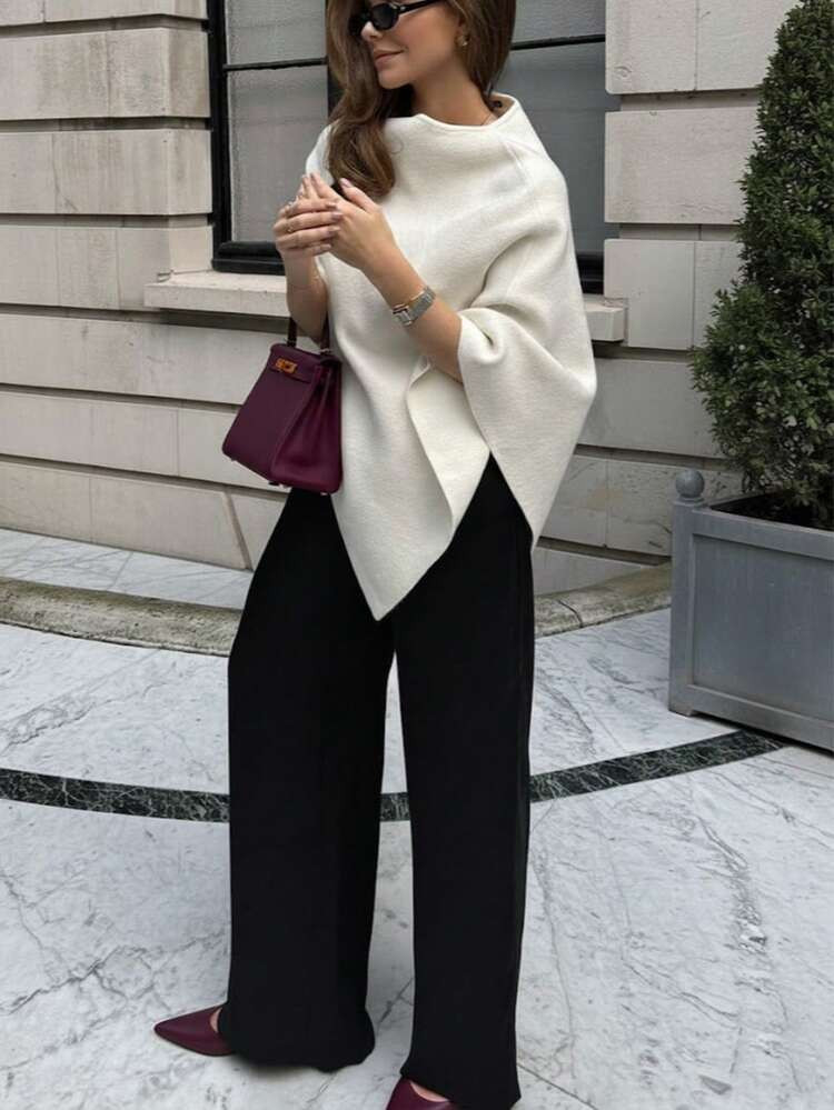Minimalist Fashion Poncho Sweater, Solid Color Ribbed, Everyday Wear, Autumn/Winter | SHEIN