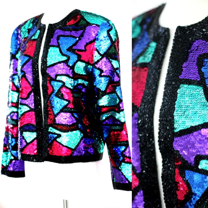 Sz M//Heavily Beaded STUNNING Jacket//Blue, Green, Purple Sequin Silk Black Tie Jacket | Etsy (Global)