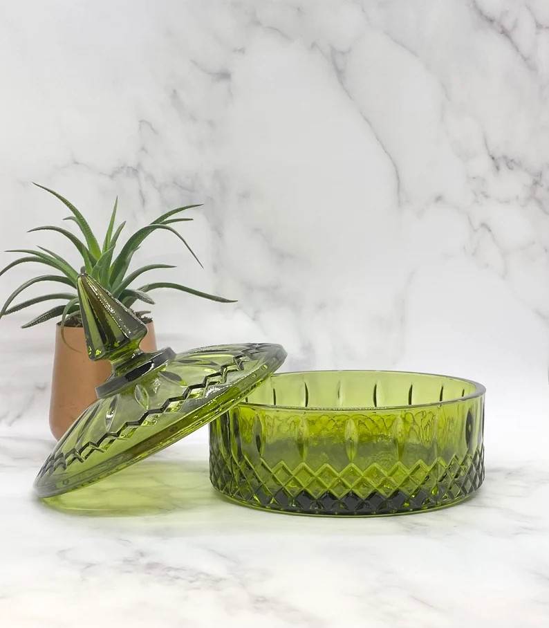 Vintage Green Glass Candy Dish, Indiana Glass Princess Diamond Lidded Bowl | Etsy (US)
