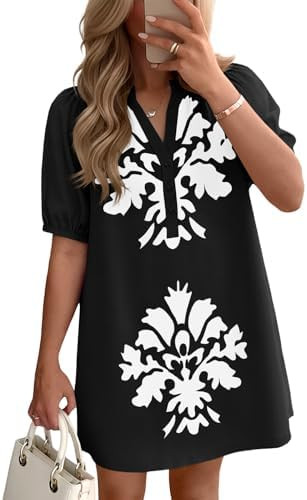 Wenrine Womens Puff Short Sleeve Mini Dress Summer Floral Print Button V Neck Loose Casual Shift ... | Amazon (US)