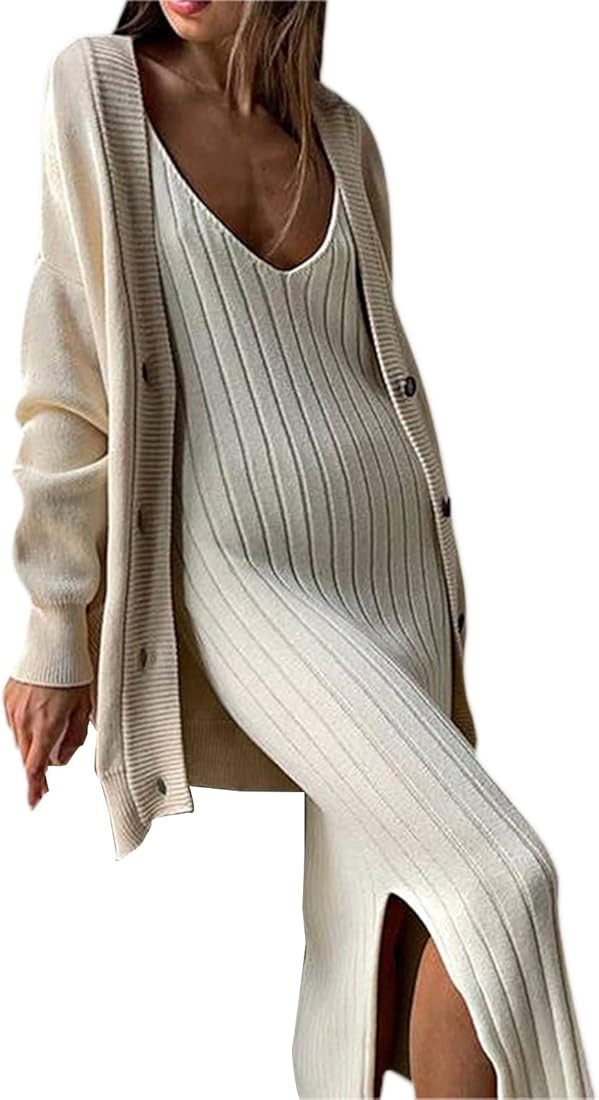 Faretumiya Women Knitted Backless Long Dress Spaghetti Strap Ribbed Knit Maxi Dress Hollow Out Bo... | Amazon (US)