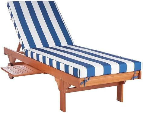 SAFAVIEH Outdoor Collection Newport Natural/ Blue & White Stripe Cushion Built-in Side Table Adju... | Amazon (US)