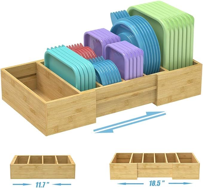 Amazon.com - Expandable Bamboo Food Container Lid Organizer, Lid Organizer for Cabinet, Adjustabl... | Amazon (US)