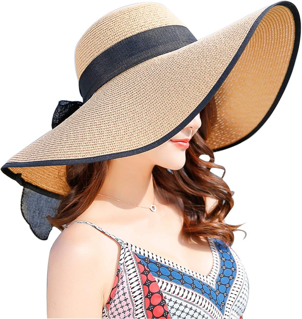 Women's Folable Floppy Hat,Wide Brim Sun Protection Straw Hat, Summer UV Protection Beach Cap(L) | Amazon (US)