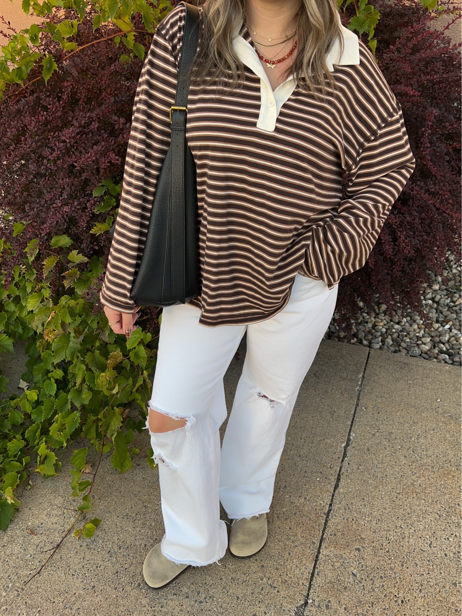 Casual fall outfit! Wearing L in the striped polo long sleeve top and 30 in the white jeans. I’m a 9.5-10 and wear a 40 in the Birkenstocks

#LTKfall #LTKjeans #LTKsale