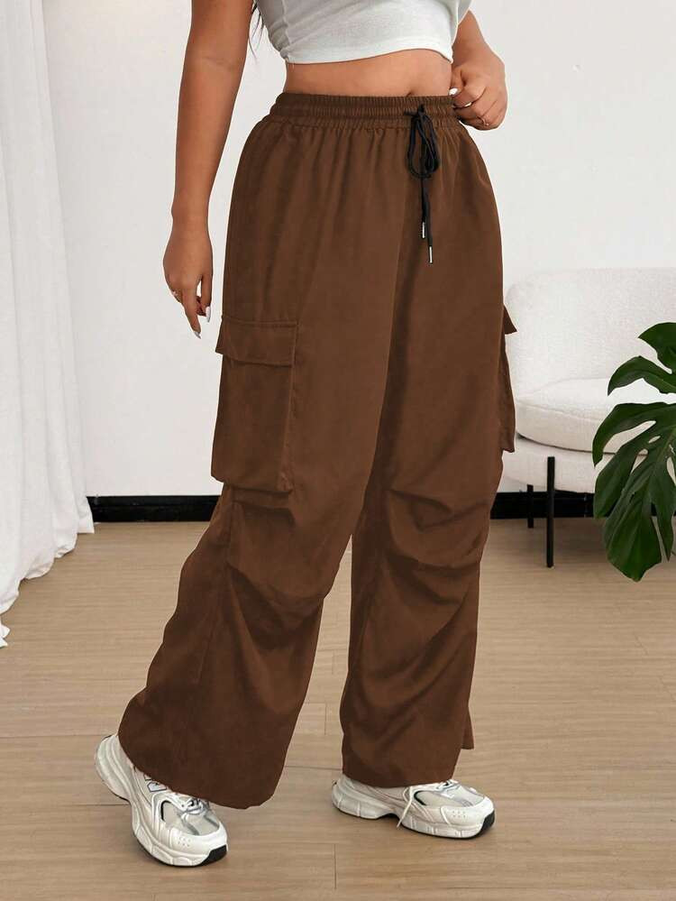 SHEIN PETITE Plus Size Women's Solid Color Casual Loose Drawstring Pocket Pants | SHEIN