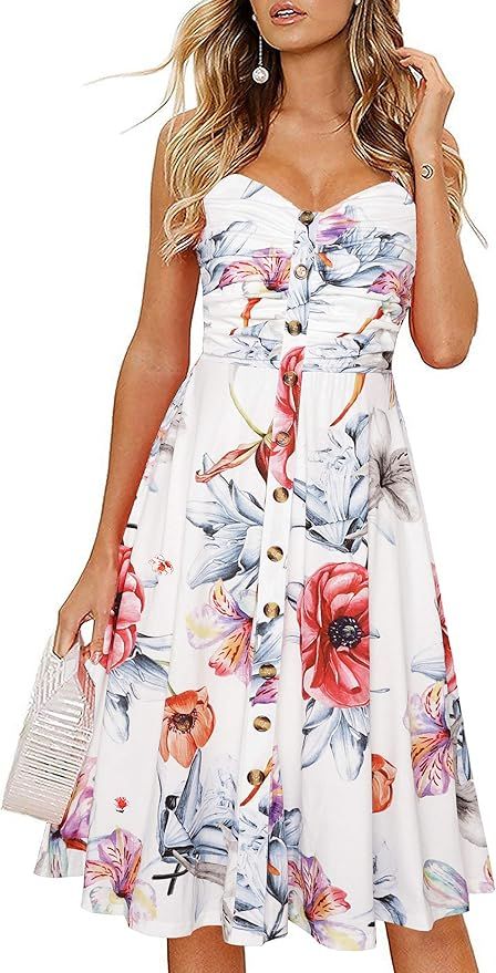 Drimmaks Women's Summer Casual Dress Florals Buttons Down Ruched Sweetheart Neck Sleeveless Midi ... | Amazon (US)