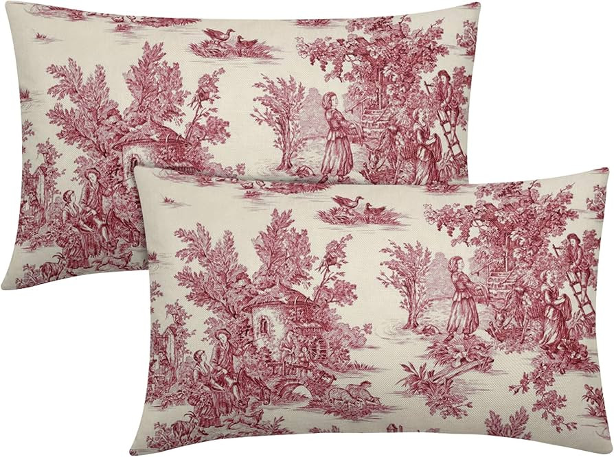 French Country Pillow Covers Set of 2 12x20 Inch Vintage Toile Red Cotton Linen Polyester Decorat... | Amazon (US)