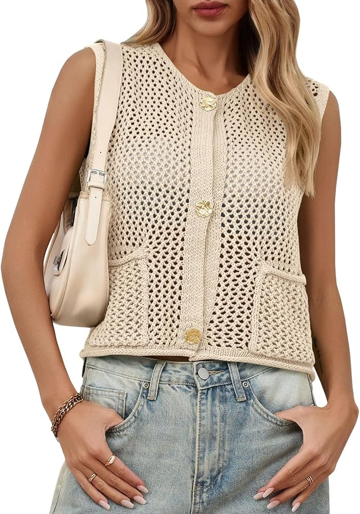 Saodimallsu Womens Crochet Sweater Vest Button Down Sleeveless Crew Neck Boho Knit Crop Tank Tops... | Amazon (US)