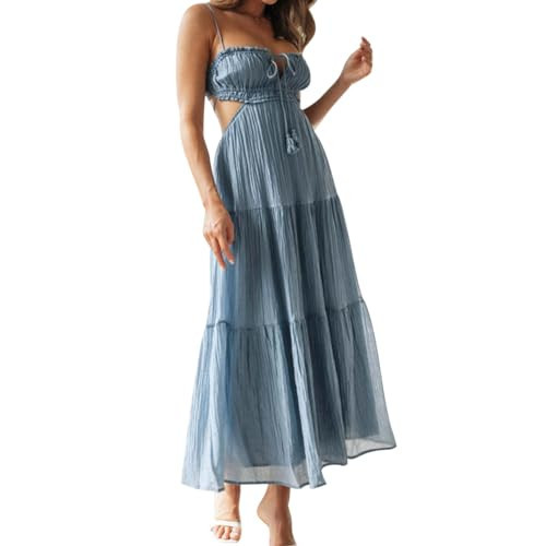 OBEEII Women Summer Cutout Long Dress Spaghetti Straps Tiered Ruched Boho Cami Dress Flowy Tie Back Beach Party Sundress Blue M | Amazon (US)