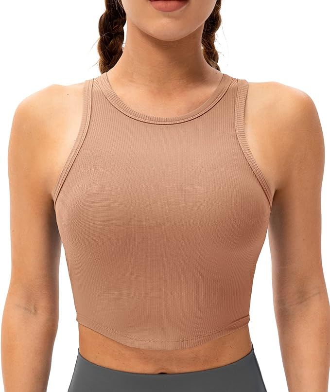 Lavento Women's Ribbed Sports Bras Longline Yoga Crop Tank Top with Built-in Bra | Amazon (US)