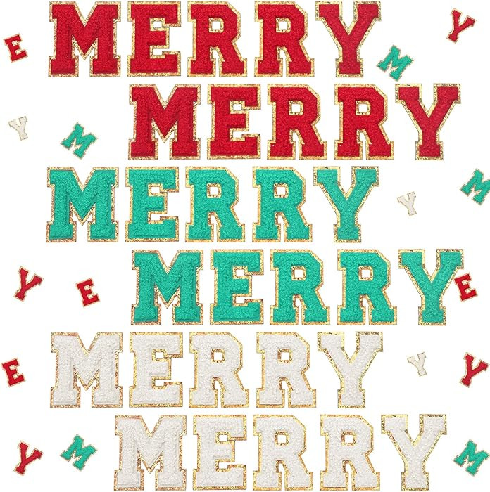 30 Pcs Merry Christmas Iron on Patches 2.1 Inch Sew on Chenille Letter Xmas Chenille Embroidered ... | Amazon (US)