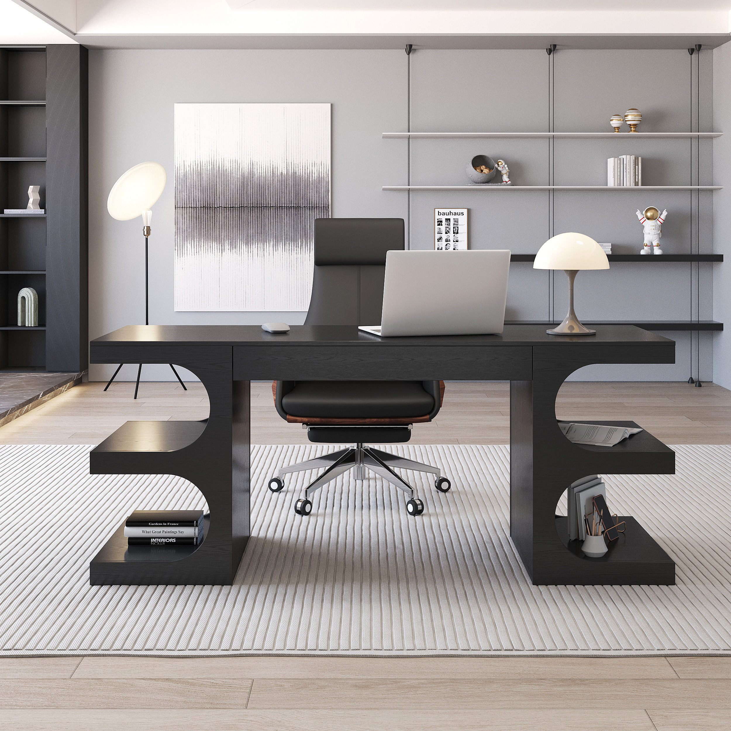 64.2" Black Wooden Writing Desk & Reclining Leather Office Desk Chair Set | Homary