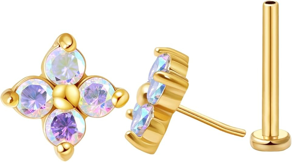 FANSING CZ Flower Threadless Flat Back Earring Labret Stud for Cartilage Tragus Helix Conch | Amazon (US)