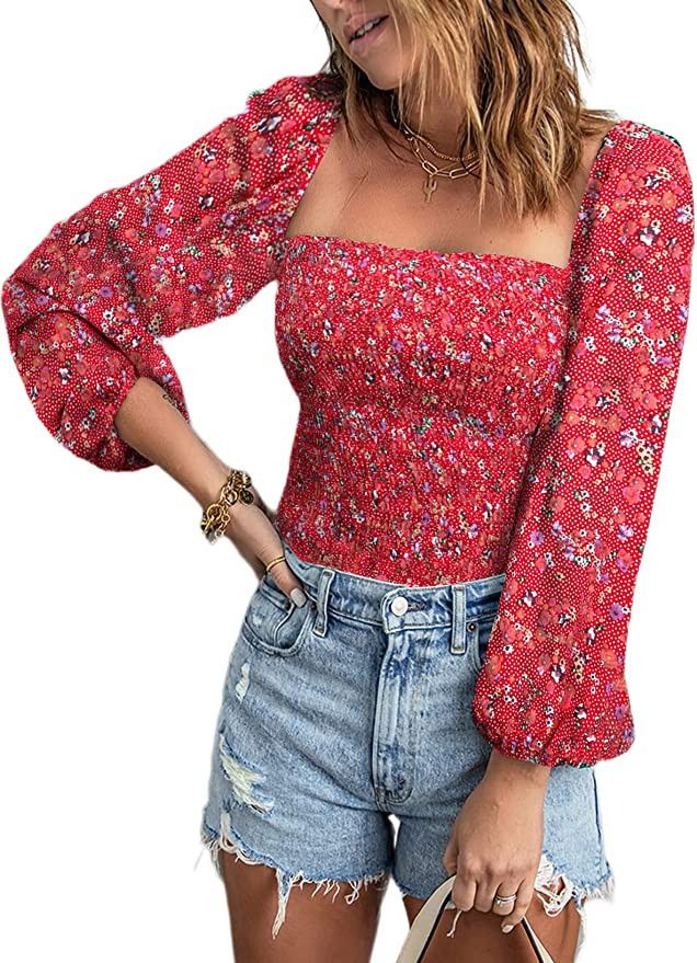 EVALESS Blouses for Women Puff Long Sleeve Square Neck Tops Off The Shoulder Floral Ladies Tops a... | Amazon (US)