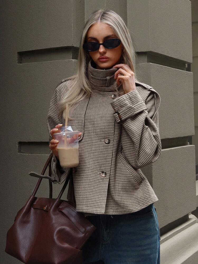Aloruh Women's Fall/Winter Fashion Chic Casual Loose Houndstooth Patterned Jacket,Women's Winter Jacket,Fall Clothes For Women,Cozy Fall And Winter Clothes For Women | SHEIN