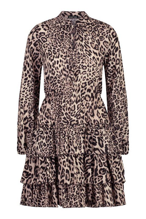 Leopard Print Ruffle Skater Dress | Boohoo.com (US & CA)