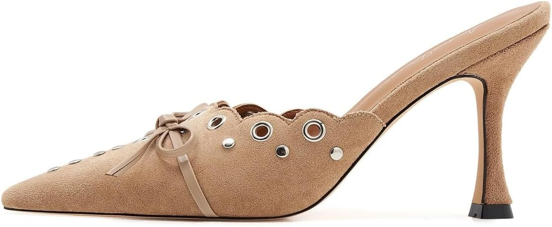 Bow Tie Heeled Mules for Women Pointy Studs Kitten Heels Dress Pumps Backless Stilettos… | Amazon (US)