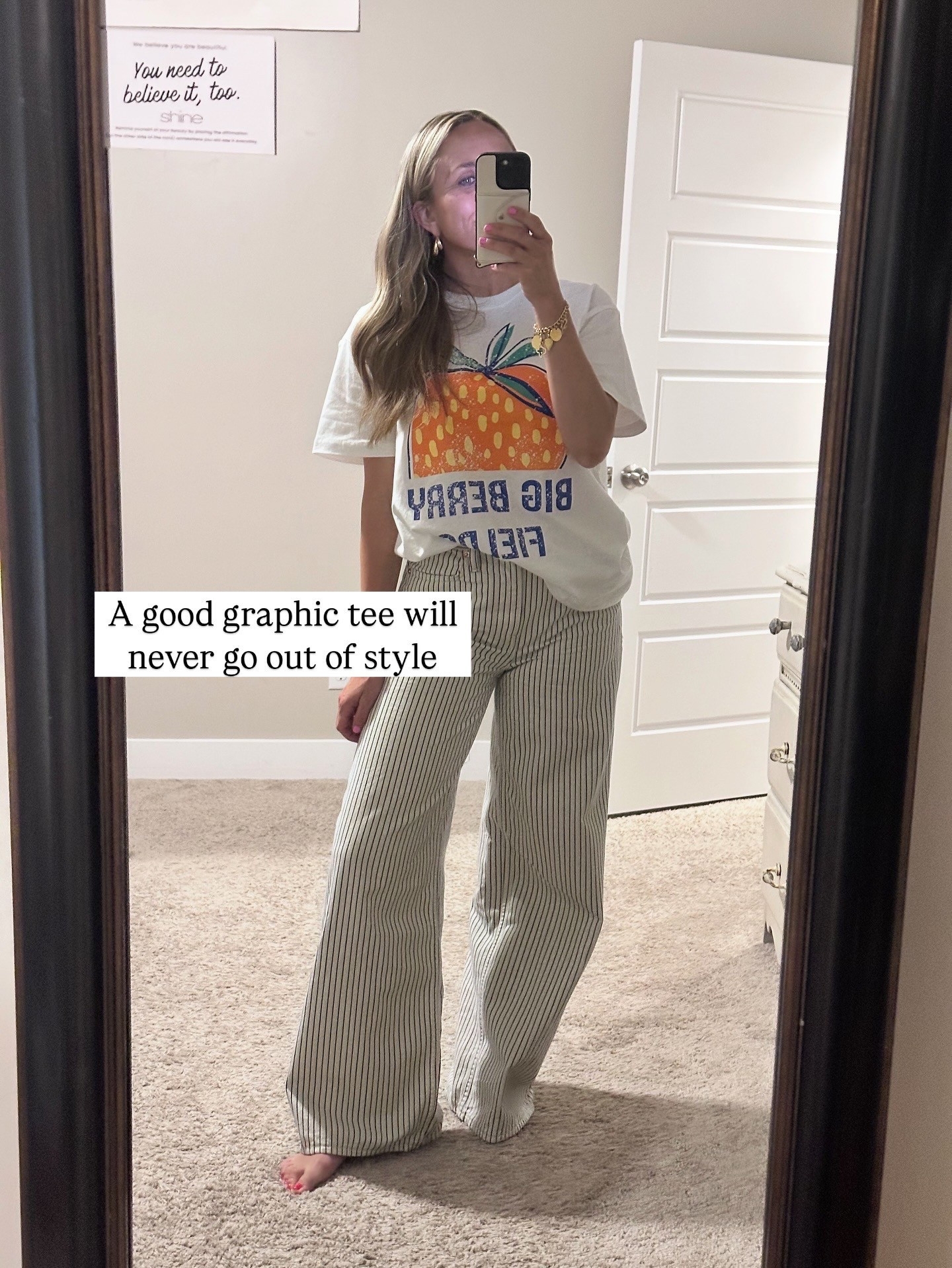 LOVE the pinstripe in these jeans. They are so fun paired with a graphic tee. Cute easy summer outfit idea! 

Everything is true to size. 

#LTKSummerEdit #LTKSeasonal #LTKFindsUnder100