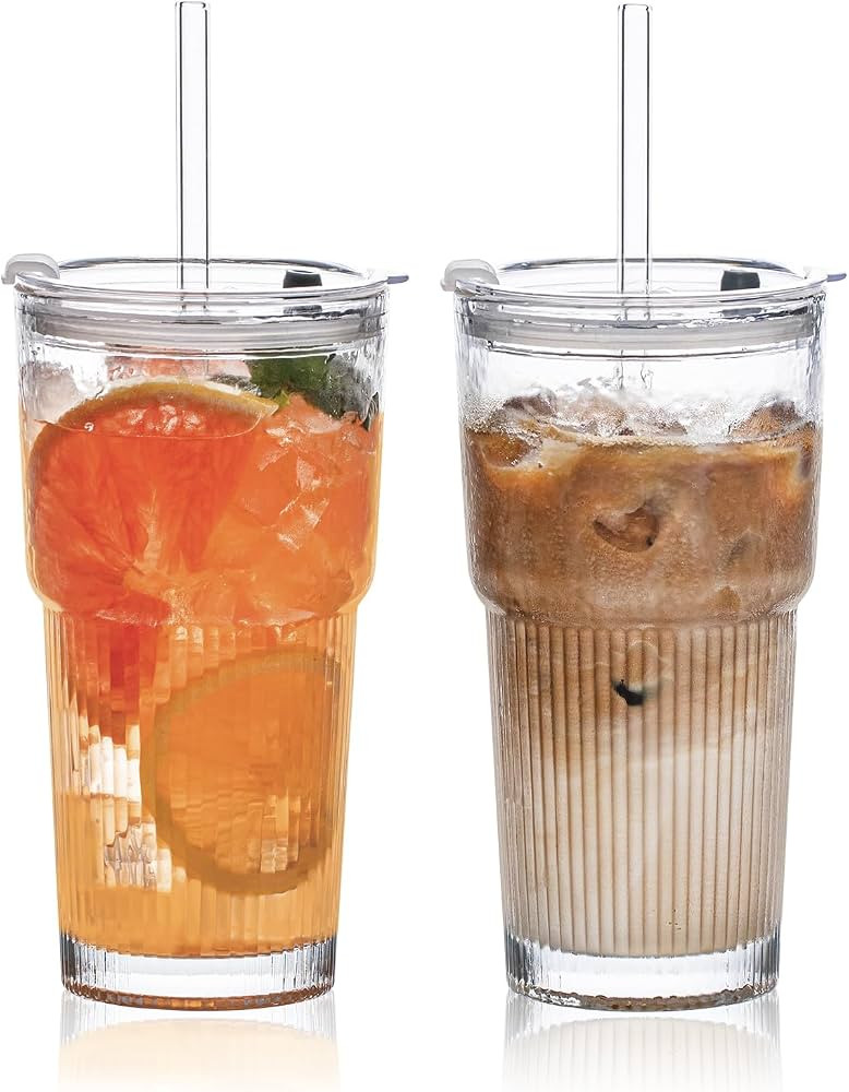 20oz Glass Tumblers with Lids and Straws, Set of 2 - Stylish Ribbed Design Drinking Glasses for I... | Amazon (US)