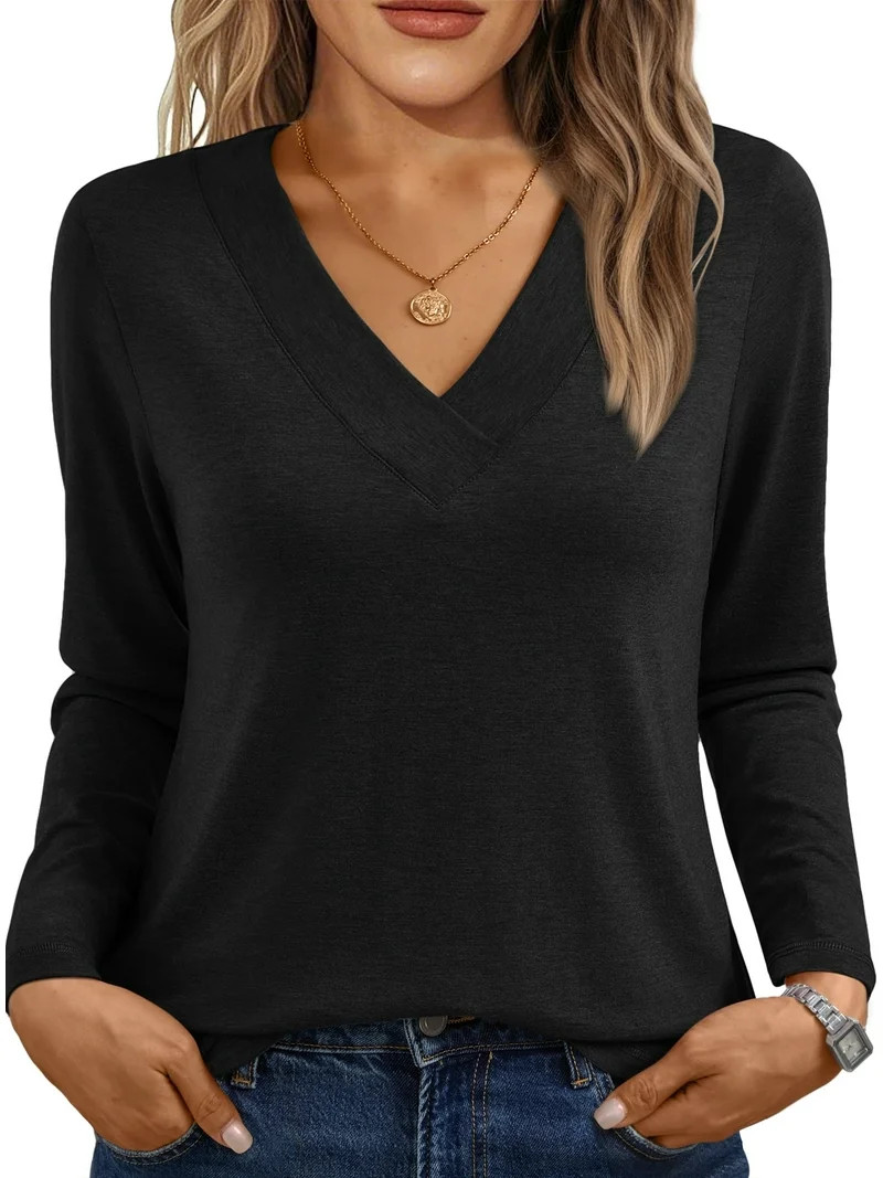 SUNBS Long Sleeve Shirts for Women Tops V Neck Casual Tops Comfortable Shirt Soft Basic Tees Wome... | Walmart (US)