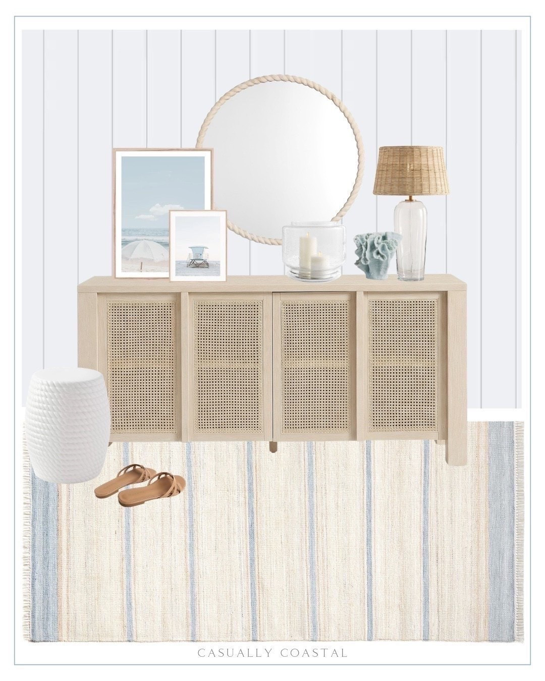Coastal Entryway Design - the sideboard is 20% off! 

Coastal home, coastal rug, entryway inspo, coastal mirror, coastal lamp, coastal wall art, coastal artwork, pottery barn buffet, coastal buffet, woven table lamp, round mirror, beach photography print, pastel beach print, beach lifeguard tower print, hurricane cane holder, coral sculpture, blue coral statue, pottery barn rug, striped rug, entryway rug, striped outdoor performance rug, rope stool, neutral flip flops, Amazon flip flops

#LTKHome #LTKSaleAlert