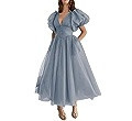 Xijun Puffy Sleeve Prom Dresses for Women Dotted Tulle V Neck Formal Evening Party Gowns Tea Leng... | Amazon (US)