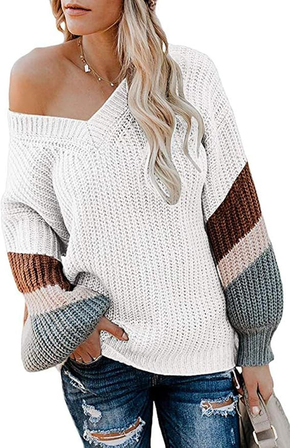 FAFOFA Women's V Neck Long Sleeve Striped Knitted Chunky Pullover Sweater | Amazon (US)