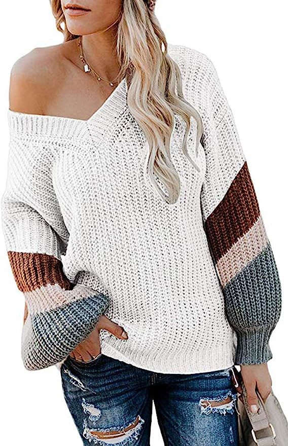 FAFOFA Women's V Neck Long Sleeve Striped Knitted Chunky Pullover Sweater | Amazon (US)