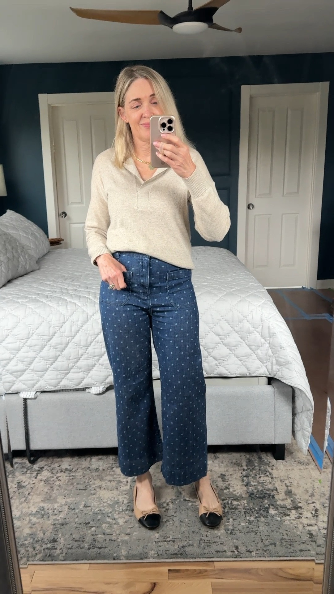 Fall outfits women over 50, teacher outfit, business casual outfit, workwear, fall transition outfit, polka dot pants, fall trends, Lauren Conrad, neutral outfit, minimalist outfit