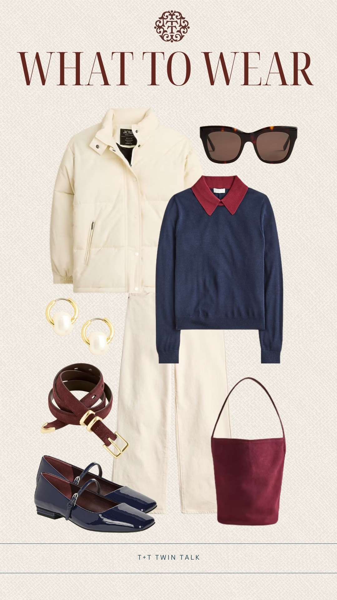 T+T, what to wear! We love this long sleeve J.Crew top with the off-white  pants and matching puffer jacket. For accessories we would grab the burgundy purse, matching belt, and navy Mary Jane flats to complete the look. 

#LTKgrwm #LTKootd #LTKdayinmylife