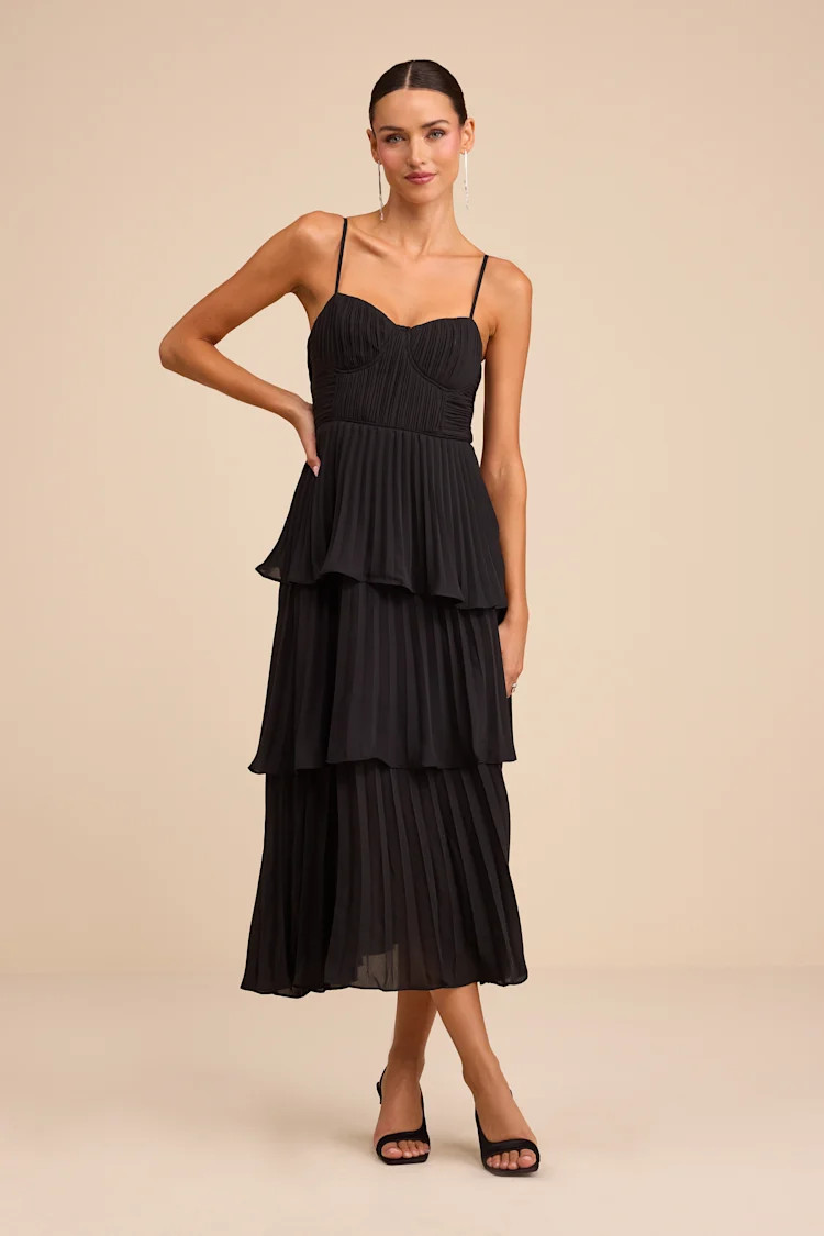 Cascading Crush Black Tiered Bustier Midi Dress | Lulus