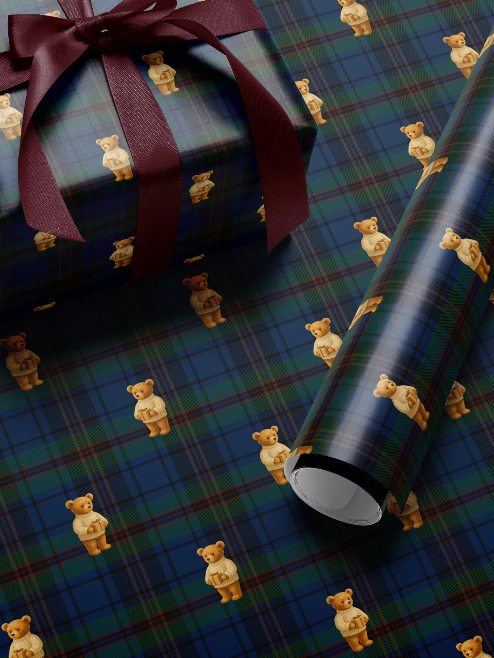 Teddy Bear Plaid Wrapping Paper, Classic Blue Green Tartan Winter Lodge Bear Christmas Gift Wrap,... | Etsy (US)