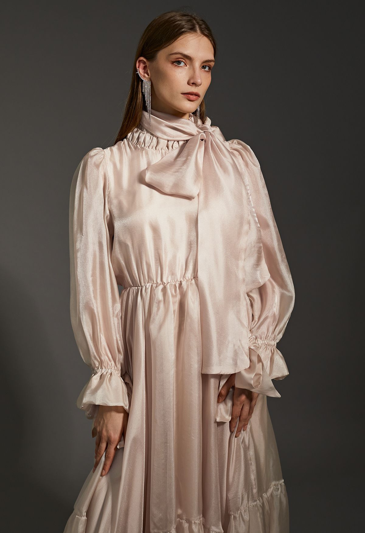Gorgeous Bow Neck Sheer Mesh Frilling Dress in Apricot | Chicwish