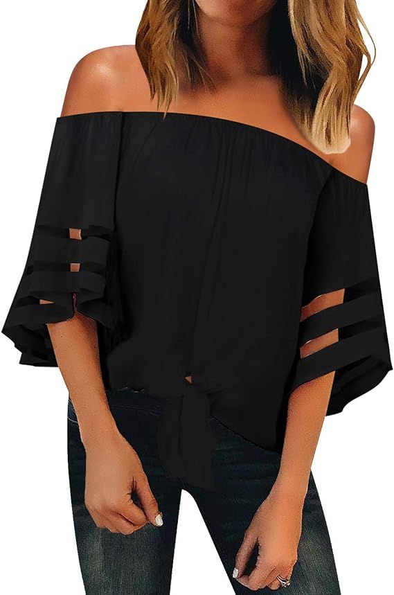 LookbookStore Women Off The Shoulder Tops 3/4 Bell Sleeve Mesh Tie Knot Shirt Blouse | Amazon (US)