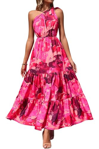 PRETTYGARDEN Women's Summer Floral Maxi Dress Knot One Shoulder Sleeveless Ruffle Flowy Boho Beach Wedding Guest Dresses (Rose Red Big Floral,X-Large) | Amazon (US)
