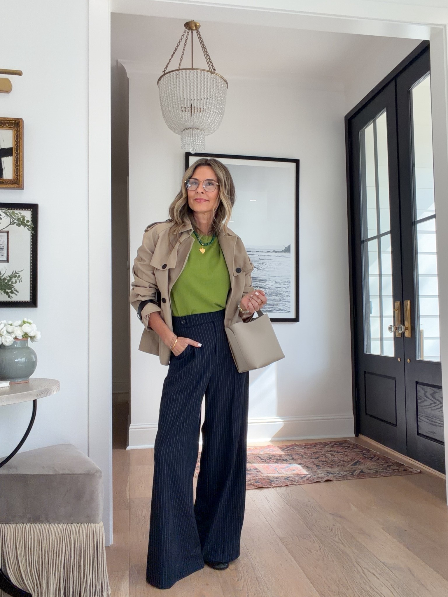 I’m 5’6’’
-J Crew chartreuse  sweater size XS
-Tanya Taylor pinstripe pant size 0, size up if in between. I had them hemmed. Exact pants are on ShopMy https://go.shopmy.us/p-43589827
-Zara shoes TTS
-Sequin jewelry discount code Tammy20
-BenaarLA cinched waist trenchcoat TTS

#LTKOver40 #LTKSeasonal #LTKootd