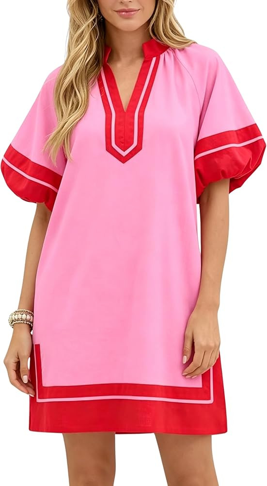 Esmeling Women's Color Block Pullover Dress V-Neck Puff Sleeve Dress Mini Shirt Dress with Pocket... | Amazon (US)