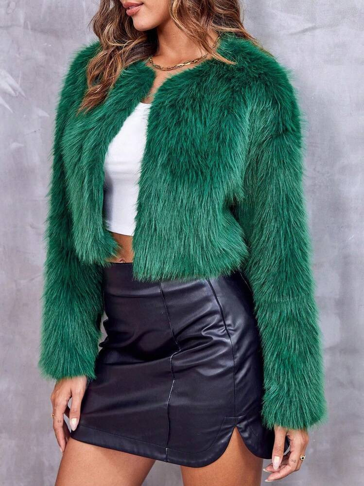 Youiham Women's Winter Fashion Piece Cropped Long Sleeve Faux Fur Open Front Cardigan Fluffy And Shaggy Casual Short Parka Coat For Effortless Elegance | SHEIN