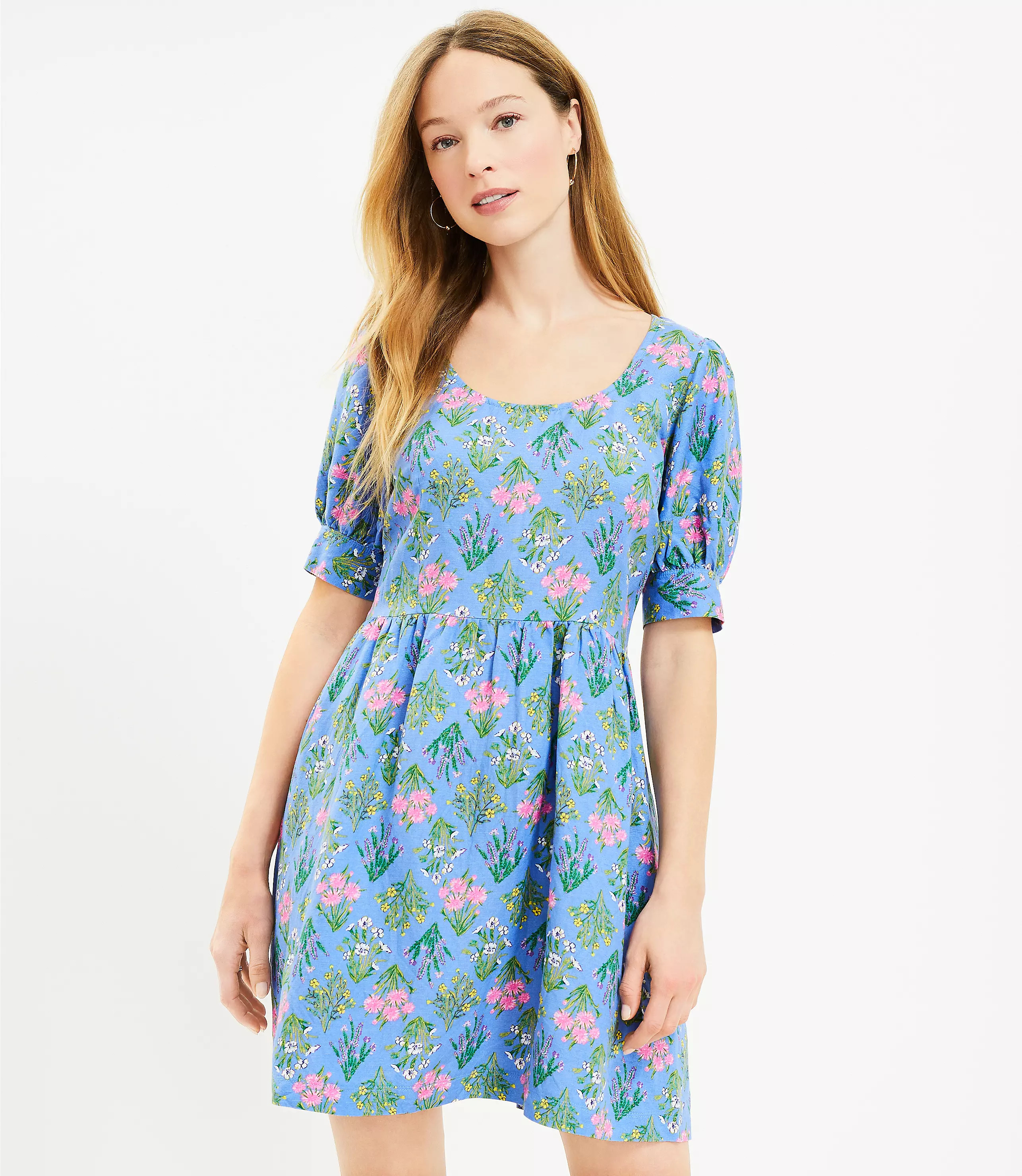 Floral U-Neck Puff Sleeve Dress | LOFT