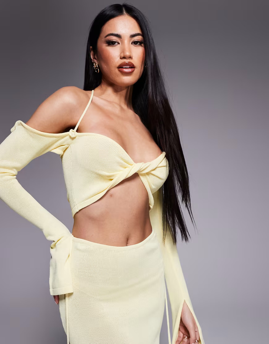 Wanderdoll Ophelia knitted cropped twist front halterneck top co-ord in lemon-Yellow | ASOS (Global)