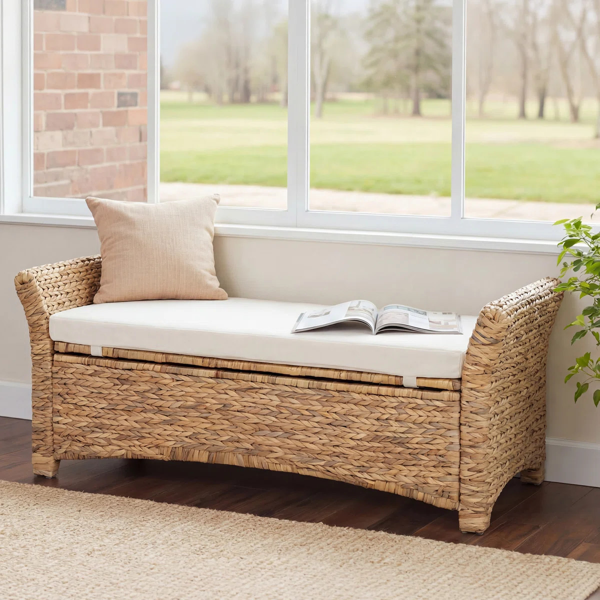 43.5'' Wicker Upholstered Storage Bench with Ergonomic Arms for Entryway, Bedroom, or Patio, Natu... | Wayfair North America