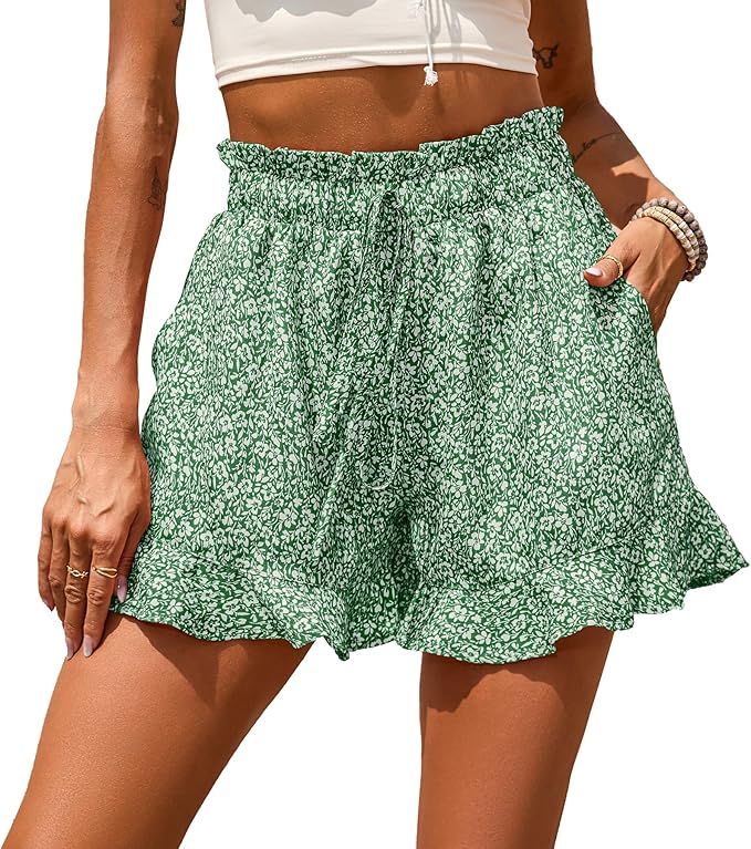 BTFBM Women's Casual Shorts Elastic High Waist Ruffle Hem Floral Print Comfy Summer Beach Short L... | Amazon (US)