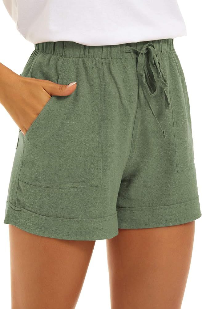NEYOUQE Womens Cotton Linen Casual Summer Elastic Waist Comfy Shorts with Pocket | Amazon (US)